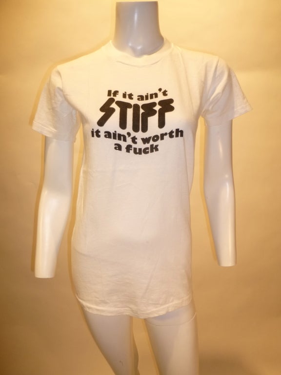 Vintage 1970s T-shirt for English record label Stiff Records, featuring one of their well-loved slogans and classic logo.