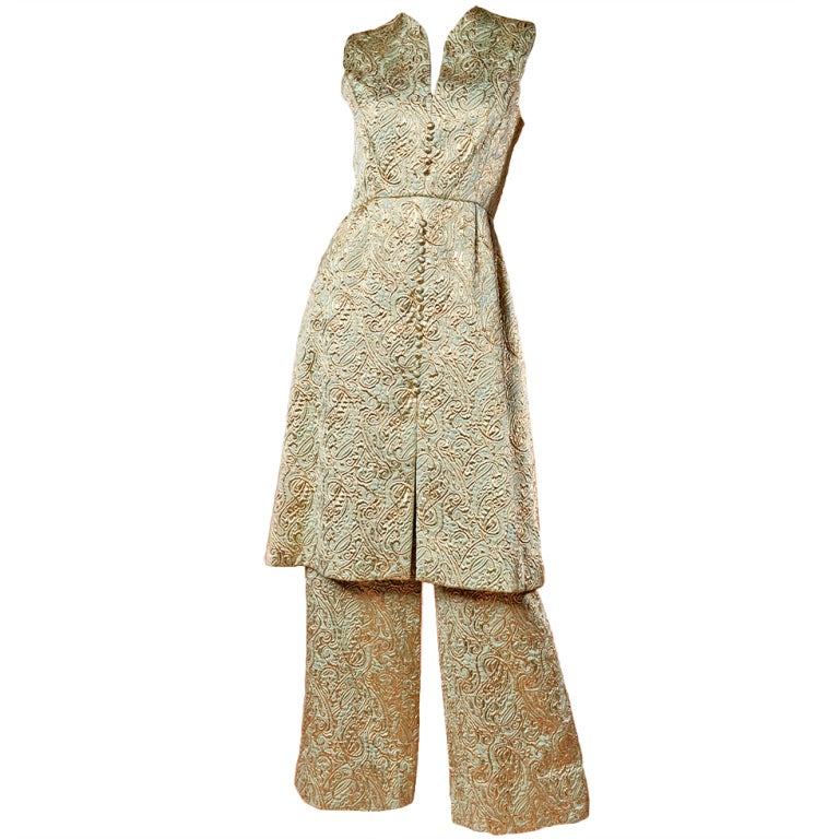 Ceil Chapman Vintage Metallic Brocade Dress + Pants 2-Piece Set