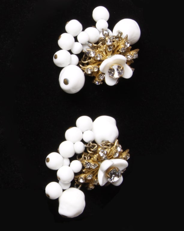 Miriam Haskell Milk Glass & Rhinestone Necklace + Earring Set 2