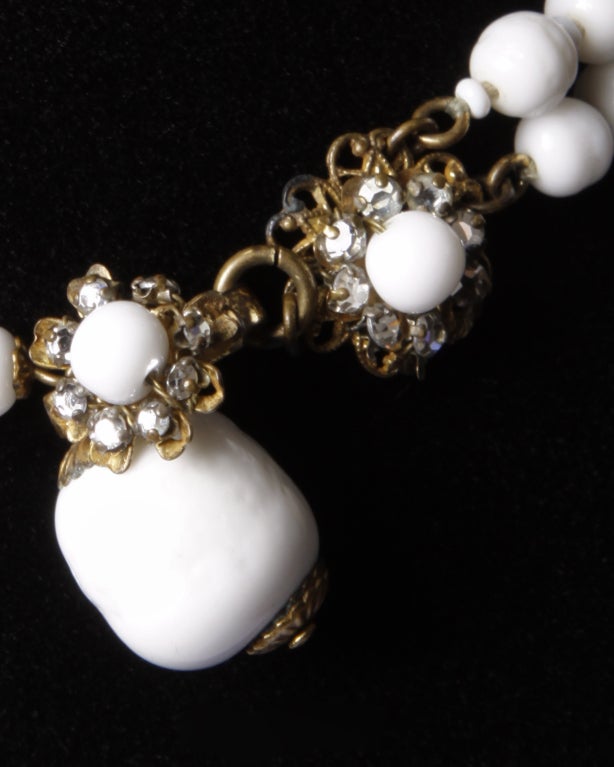 Miriam Haskell Milk Glass & Rhinestone Necklace + Earring Set 3