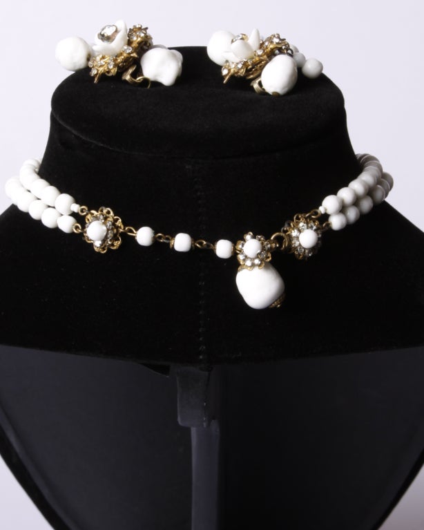Miriam Haskell Milk Glass & Rhinestone Necklace + Earring Set 4