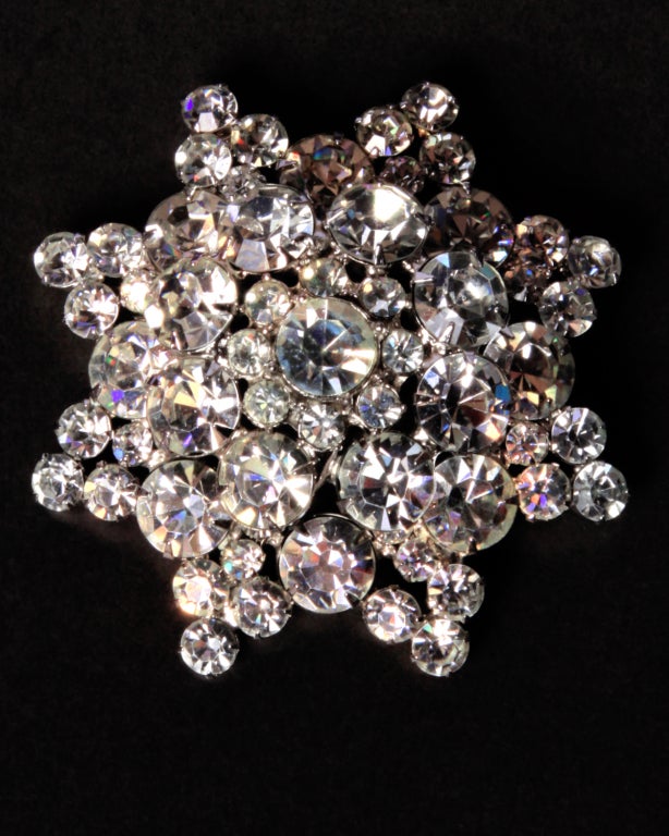 Spectacular oversized vintage rhinestone brooch. Could be Juliana from the soldering points but not 100% sure. Giant domes statement piece. All rhinestones are prong set and clear. Brooch measures 3