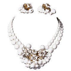 Vintage Miriam Haskell Milk Glass & Rhinestone Necklace + Earring Set