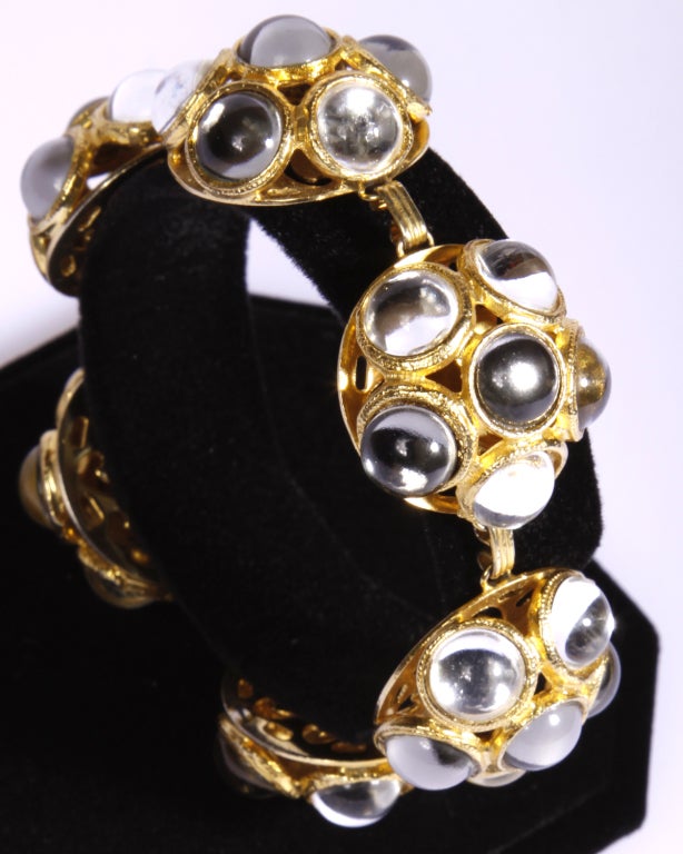Alice Caviness glass cabochon multi linked gold tone bracelet. Rare and unique Caviness design that is as elegant as it is avant garde.  Bracelet is 8