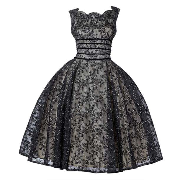 Vintage 1950s Sheer Burnout Velvet Organza Scalloped Party Dress at 1stDibs