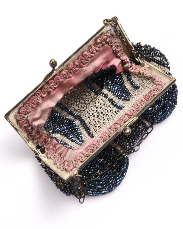 Women's Vintage 1920's Flapper Opulent Blue Glass Beaded Purse Bag