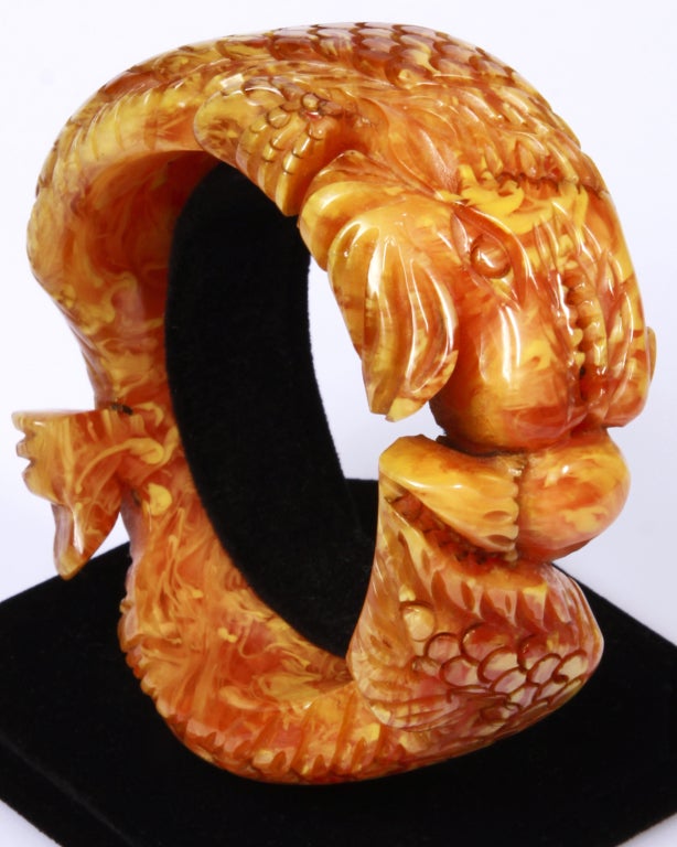 Show Stopper 1940's Deeply Carved Dragon Bakelite Bracelet