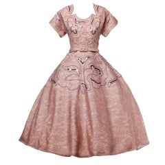 Retro Soutache & Lace Pink Full Sweep Party Dress 1940s 1950s
