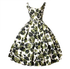 Retro 1950s Printed Raw Silk Full Sweep Floral Party Dress