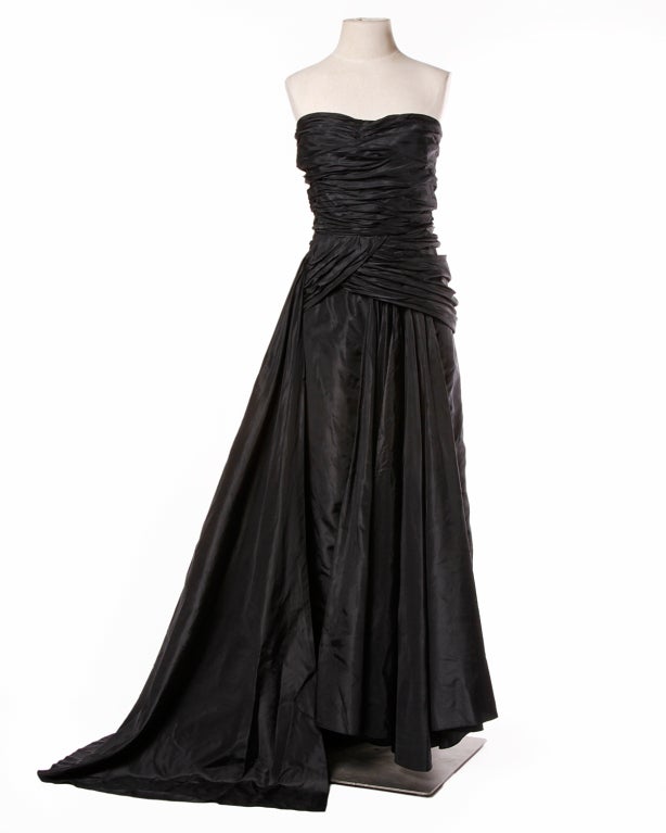 Vintage 1950's Draped Black Silk Strapless Evening Dress Gown