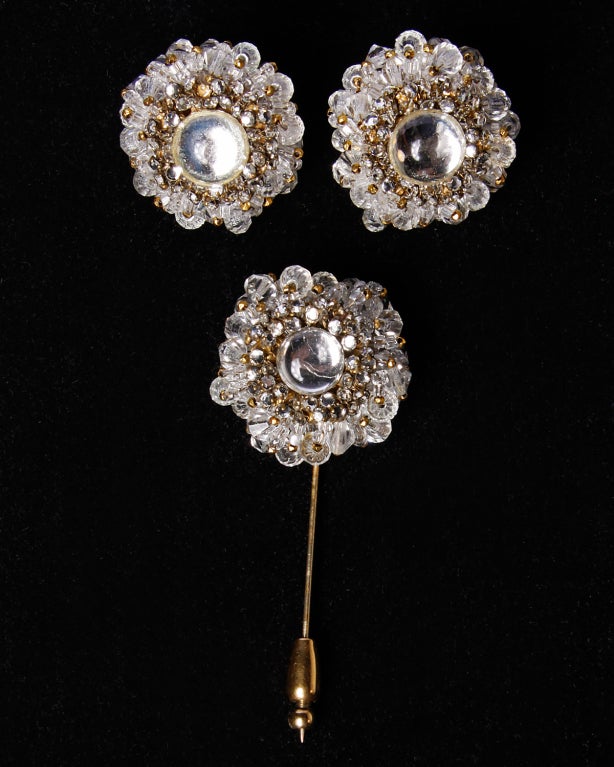Miriam Haskell Demi Parure Crystal Moonstone Earrings + Pin