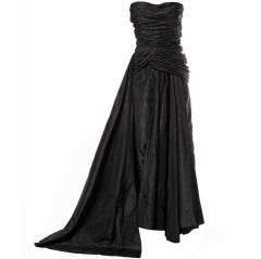 Vintage 1950's Draped Black Silk Strapless Evening Dress Gown