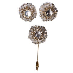 Miriam Haskell Demi Parure Crystal Moonstone Earrings + Pin