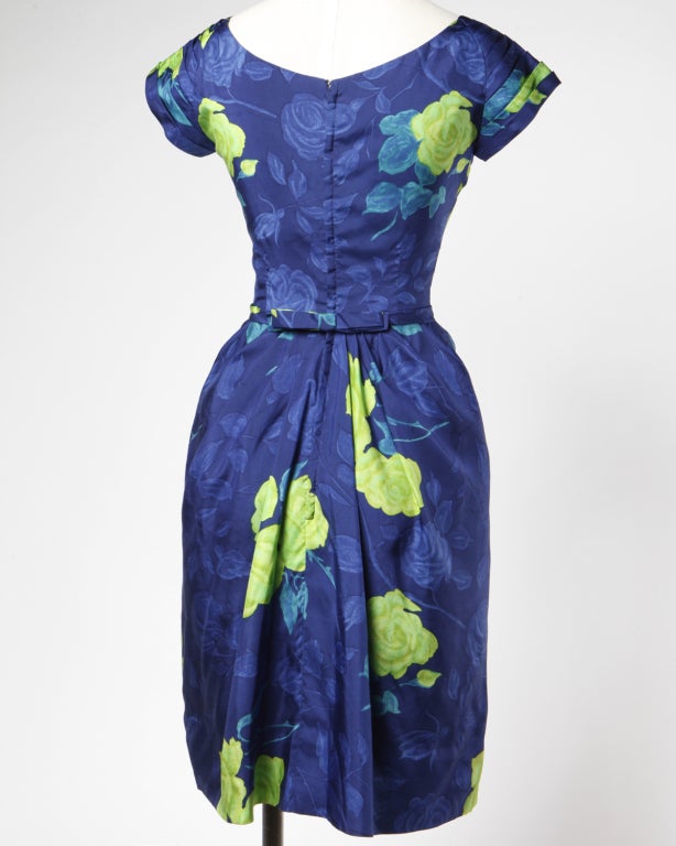 Women's Philip Hulitar Vintage 1950's Floral Silk Bombshell Wiggle Dress