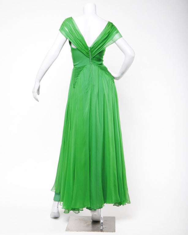Vintage 1940's Kelly Green Silk Chiffon Full Sweep Gown Dress at ...