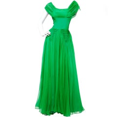 Vintage 1940's Kelly Green Silk Chiffon Full Sweep Gown Dress