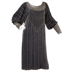Vintage Metallic Beaded Silk Dress with Poet Sleeves