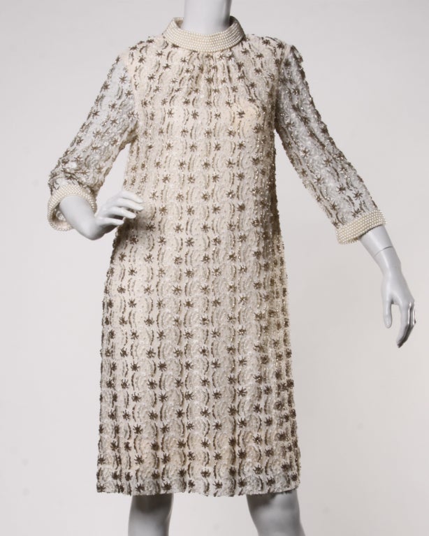 Vintage 1960's Blush Heavily Glass Beaded Lace Shift Dress