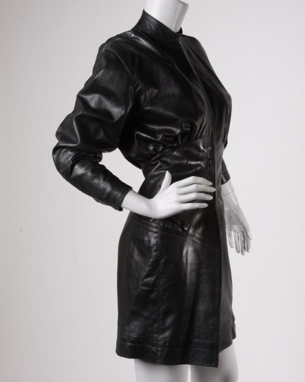 Women's Claude Montana Vintage 1980's Black Buttery Leather Coat Dress