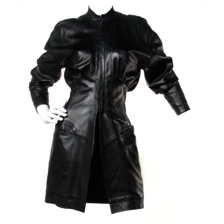 Claude Montana Vintage 1980's Black Buttery Leather Coat Dress at 1stdibs