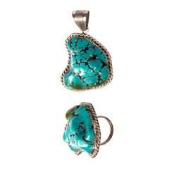 Massive Vintage Signed Sterling Silver Turquoise Ring + Pendant