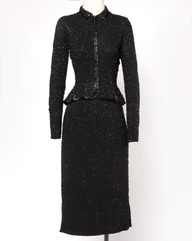 Ceil Chapman Vintage Beaded 1940's  Jacket + Skirt 2-Piece Set