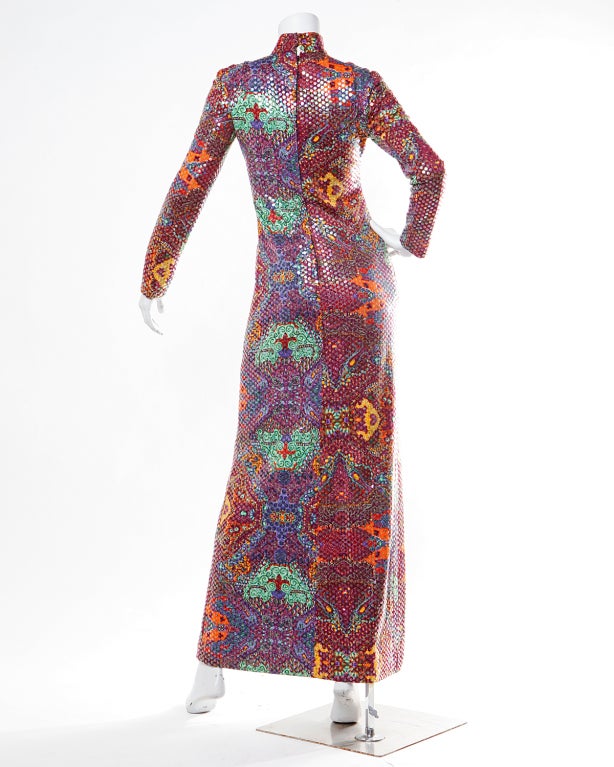 Malcolm Starr by Elinor Simmons Vintage 70's Sequin Asian Print Maxi Dress In Excellent Condition In Sparks, NV