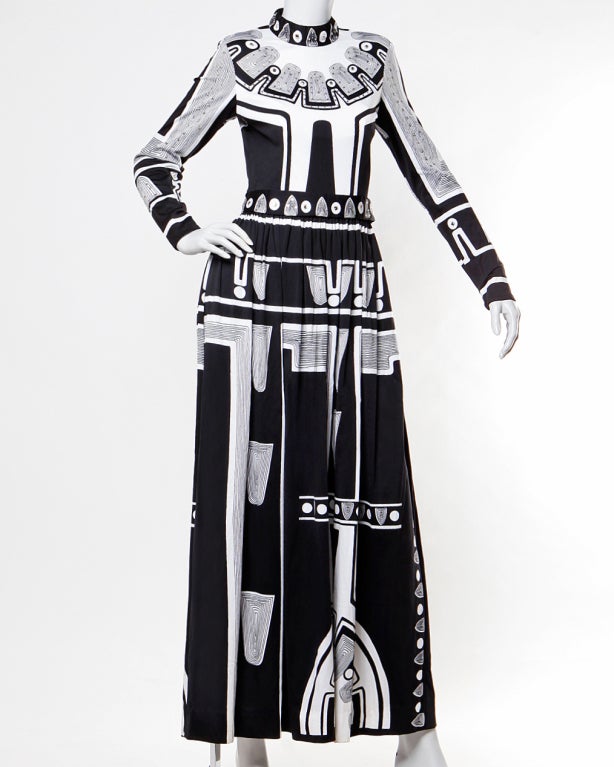 Vintage 1970's Rhinestone Black & White Op Art Print Maxi Dress