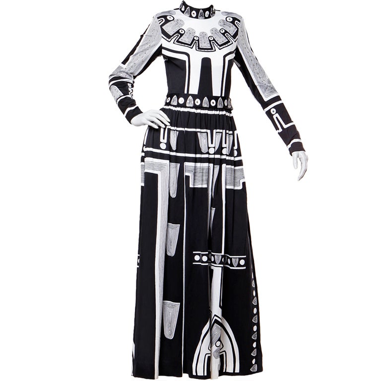 Vintage 1970
s Rhinestone Black 
White Op Art Print Maxi Dress