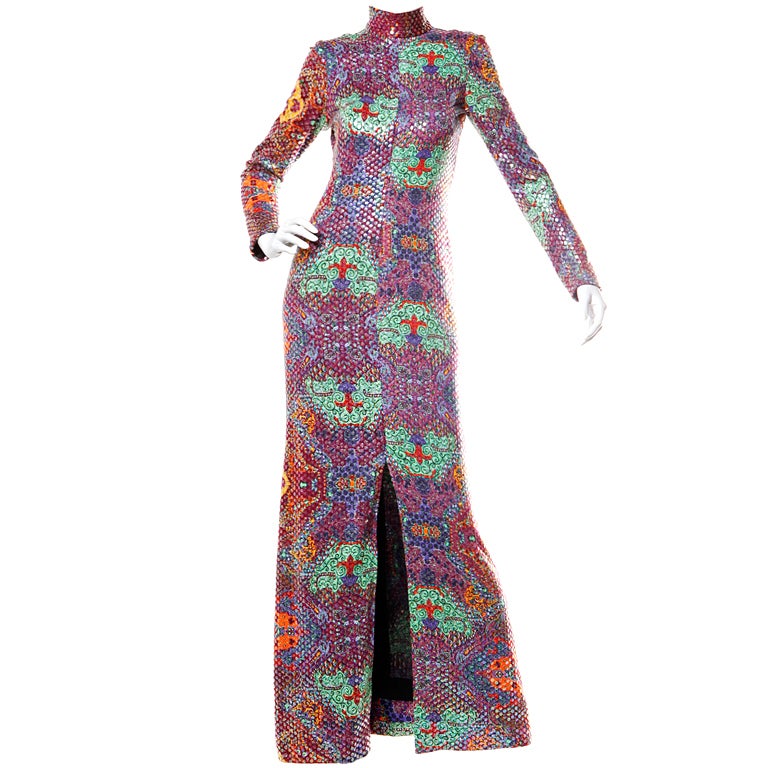 Malcolm Starr by Elinor Simmons Vintage 70's Sequin Asian Print Maxi Dress