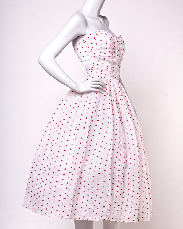 Vintage 1950's Strapless Sweetheart Polka Dotted Party Dress
