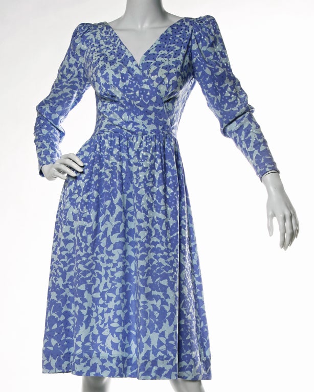 Balenciaga Vintage 90s Blue Silk Botanical Print Dress
