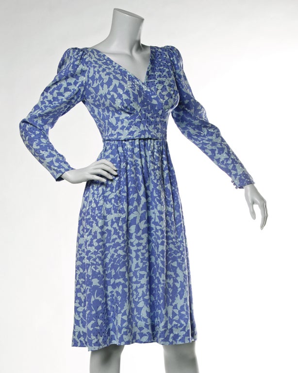Balenciaga Vintage 90s Blue Silk Botanical Print Dress at 1stdibs