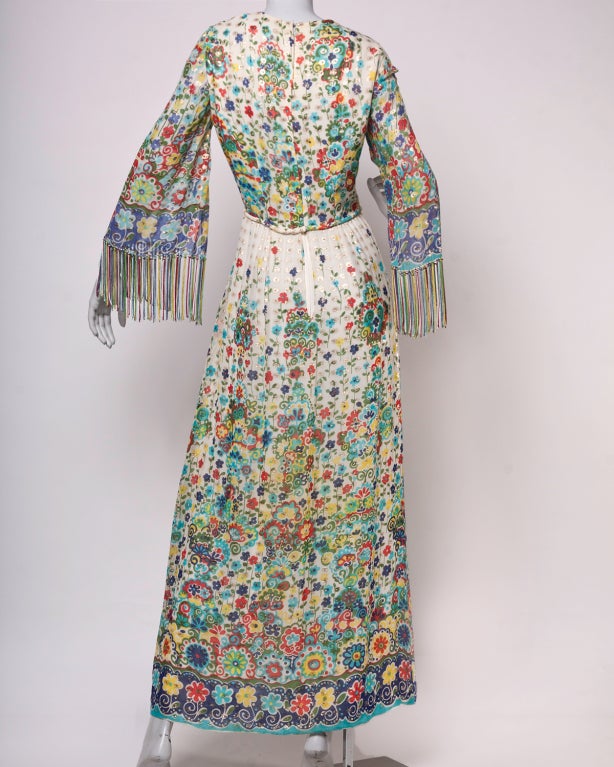 Women's Vintage 1970's Nat Kaplan Metallic Silk Maxi Dress with Fringe