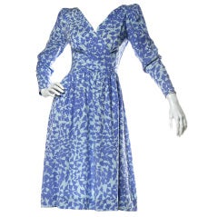 Balenciaga Vintage 90s Blue Silk Botanical Print Dress