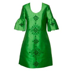 Vintage 1960's Green Silk/ Worsted Wool Beaded Shift Dress