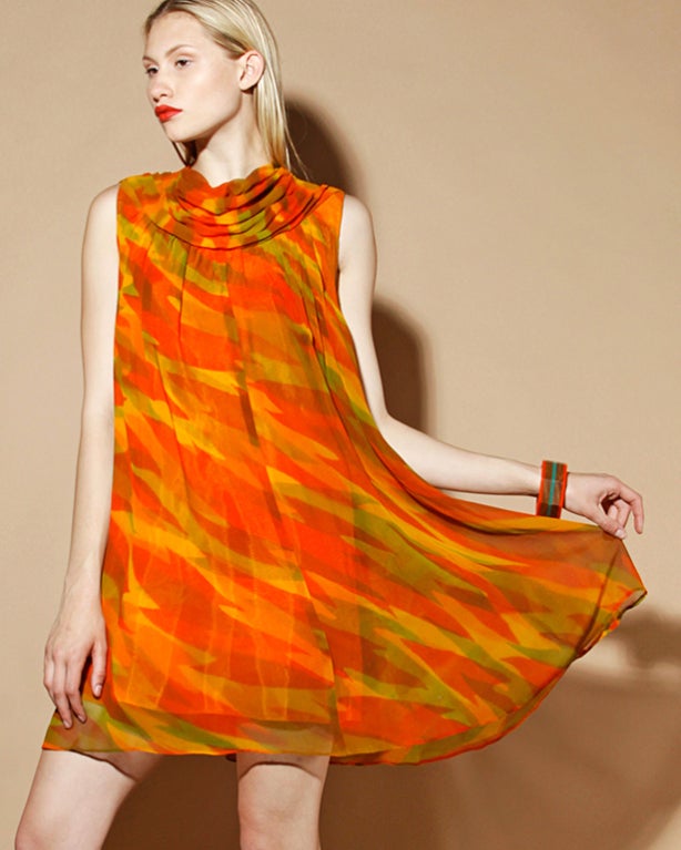 Women's Vintage 1960's Mod Sheer Silk Chiffon Printed Trapeze Dress