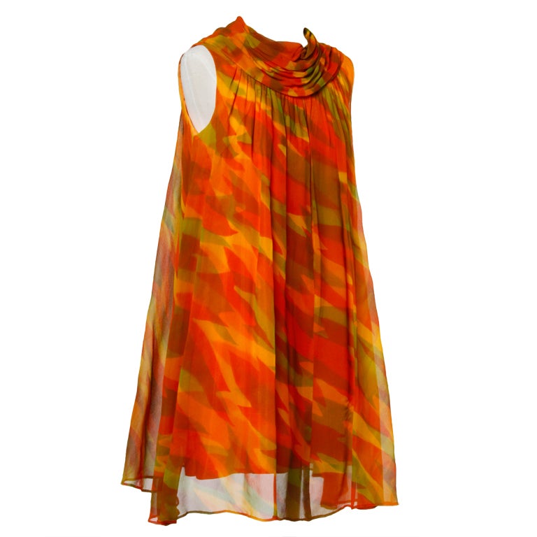 Vintage 1960's Mod Sheer Silk Chiffon Printed Trapeze Dress
