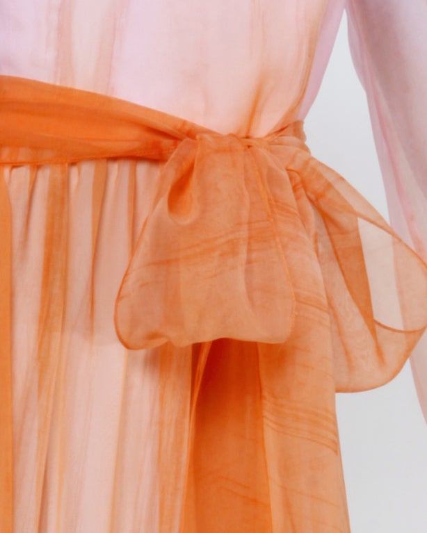 Vintage 1970's Sheer Pink + Orange Ombré Chiffon Maxi Dress In Excellent Condition In Sparks, NV