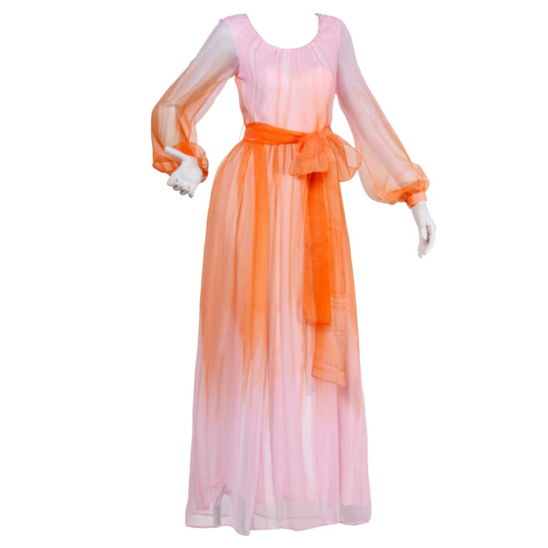 Vintage 1970's Sheer Pink + Orange Ombré Chiffon Maxi Dress