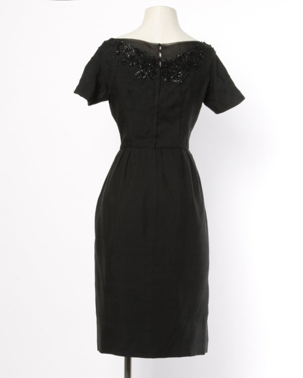 Marusia Vintage 1950's Black Dupioni Silk + Sequin Wiggle Dress 2
