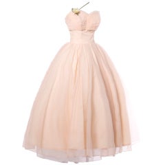 Vintage 1950's Pink Tiered Tulle Formal Dress with Flowers
