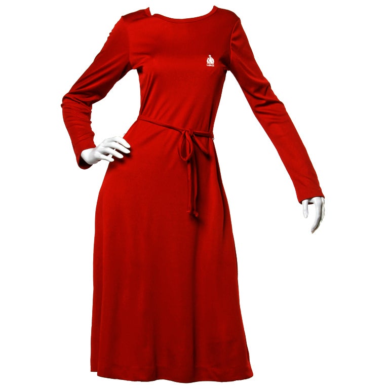 Lanvin Deadstock 1970
s Vintage Red Jersey Knit Logo Shirt Dress