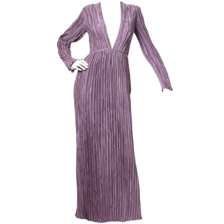 Mary McFadden Vintage Purple Pleated Plunging Neck Maxi Dress