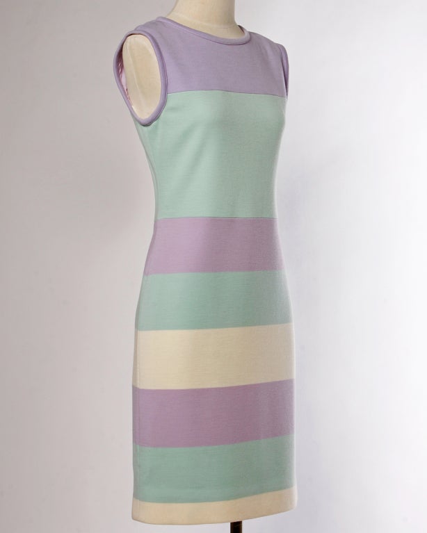Pastel color block dress by Oscar de la Renta. Simple and chic jersey knit. Fully lined. Back zip and hook closure.

DETAILS:
Circa: 1990s
Label: Oscar De La Renta
Estimated Size: S-M 
Color: Lavender / Cream / Aqua
Fabric: Jersey