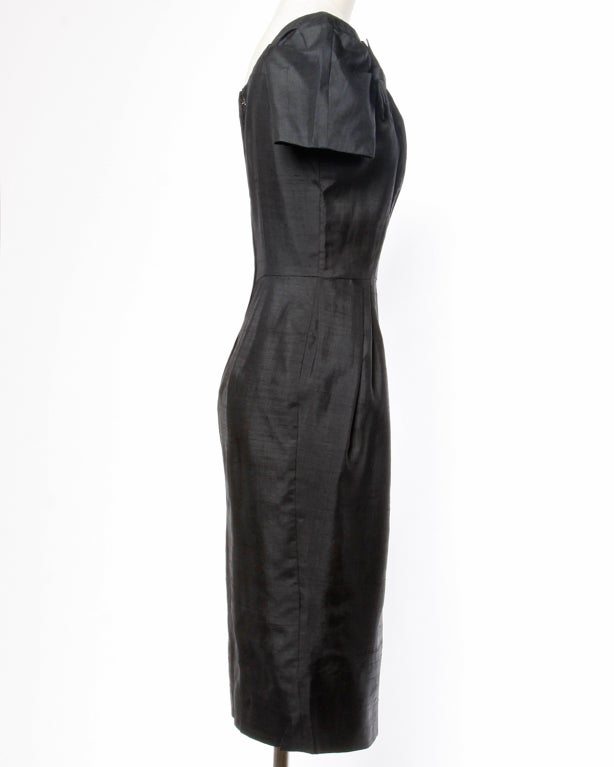 Suzy Perette Vintage 1950's Black Raw Silk Bows Wiggle Dress In Excellent Condition In Sparks, NV
