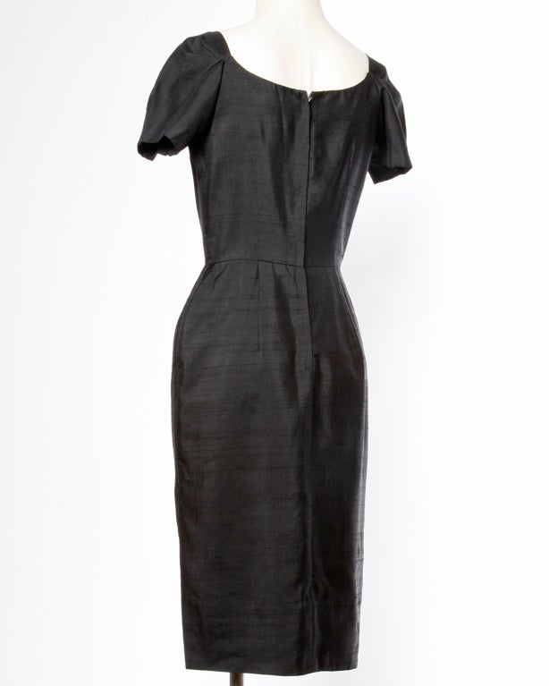 Women's Suzy Perette Vintage 1950's Black Raw Silk Bows Wiggle Dress