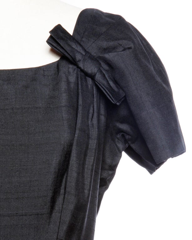 Suzy Perette Vintage 1950's Black Raw Silk Bows Wiggle Dress 2
