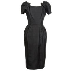 Suzy Perette Vintage 1950's Black Raw Silk Bows Wiggle Dress