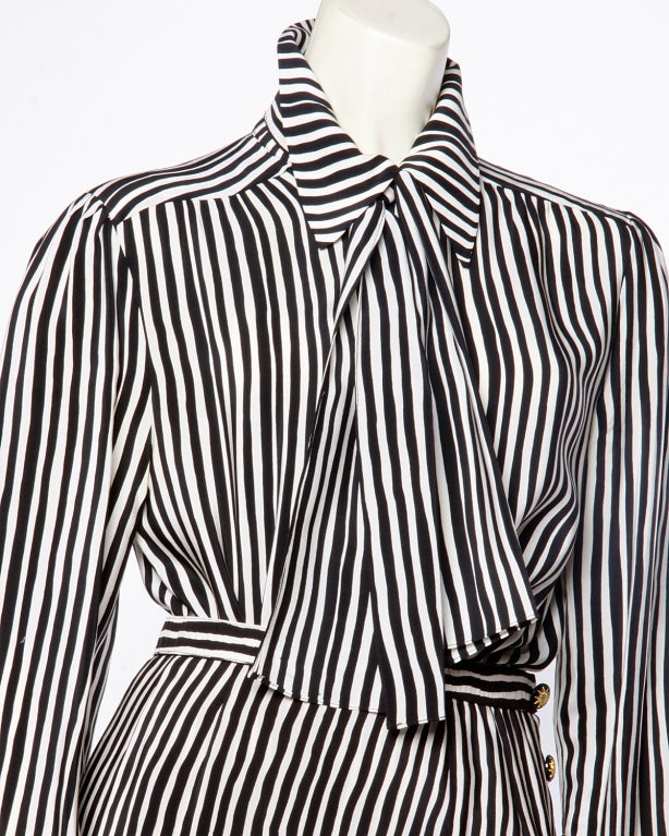 Adolfo Vintage 1980's Silk Striped Skirt Top Sash 3Pc Suit Set In Excellent Condition In Sparks, NV